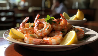 Grilled seafood plate with prawn, scampi, and lemon garnish generated by AI - obrazy, fototapety, plakaty