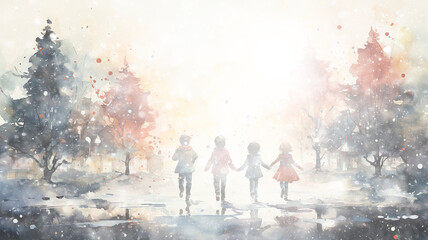 blurred white snowy abstract background, watercolor illustration children dance around a Christmas tree, holiday postcard