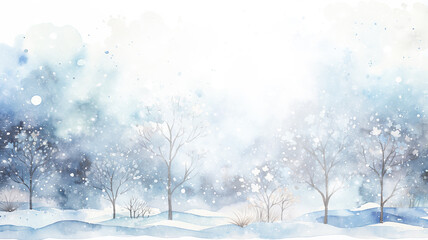 winter postcard blank form watercolor drawing, landscape in blue tones, covered with snow, snowfall in light blue tones abstract blurred background
