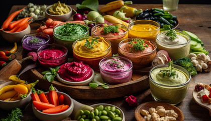 Fototapeta premium Rustic guacamole bowl with fresh vegetable variation and organic smoothie generated by AI