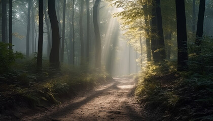 Naklejka premium Mysterious autumn forest, tranquil footpath, vanishing point in the distance generated by AI