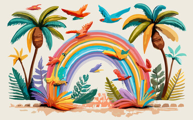 Fototapeta na wymiar Sunny Serenity Unleashed A Tropical Tapestry of Palms, Birds, and Beach Bliss in the Most Popular Artistic Trends
