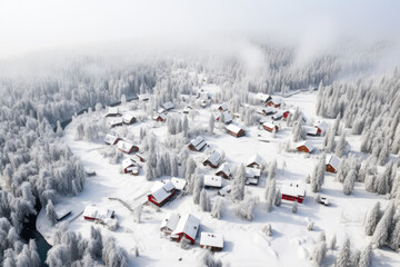 erial shot of a winter village covered in snow