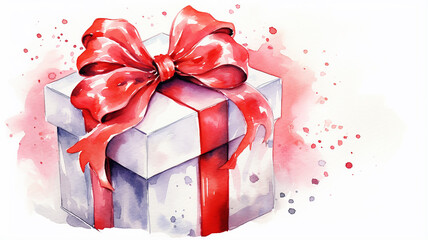 new Year's gift in a box with a ribbon on a white background, greeting postcard merry Christmas watercolor image
