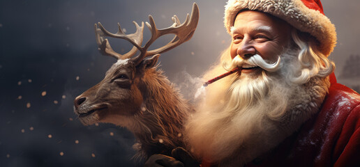 a photo of santa claus in his cart with santa claus reindeer - obrazy, fototapety, plakaty
