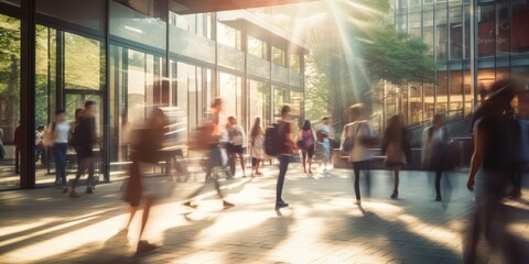 blurred commuters in a modern corridor