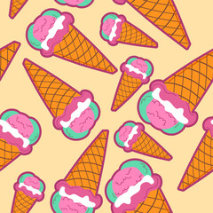 Ice cream in cone, gelato with flavors print