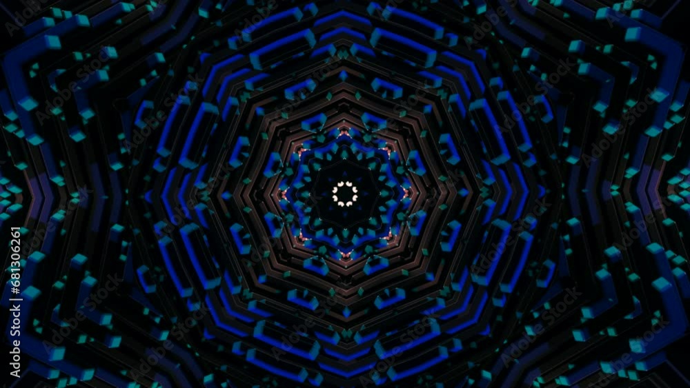 Poster abstract motion of kaleidoscope with geometric pattern. animation. ornamental mandala with repeating