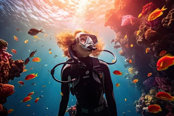 Schilderijen op glas Scuba diver woman swimming in the under water sea © Kien