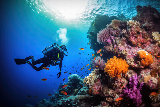 Scuba diver woman swimming in the under water sea