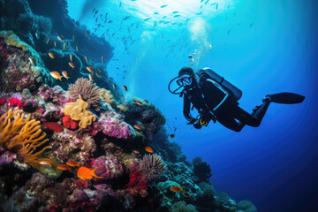 Naklejka na ściany i meble Scuba diver woman swimming in the under water sea