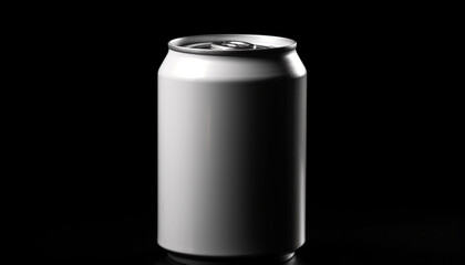 Metallic drink can with shiny cola, beer, and water drops generated by AI