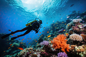 Fototapeta na wymiar Scuba diver woman swimming in the under water sea