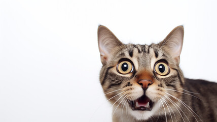 a frightened cat, an emotional portrait of fear isolated on a white background, a cat with big eyes is afraid