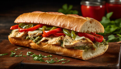 Grilled beef sandwich on ciabatta with fresh vegetables and tomato generated by AI - obrazy, fototapety, plakaty