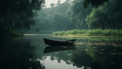 Tranquil scene of rowboat on wet pond in autumn forest generated by AI
