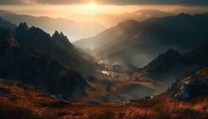 Panoramic mountain range, majestic beauty in nature, tranquil scene generated by AI