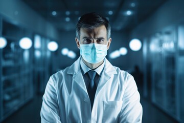 Man doctor in uniform with stethoscope and mask looking at camera.