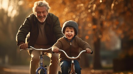 Happy old parent teaching a child how to ride a bicycle. - obrazy, fototapety, plakaty