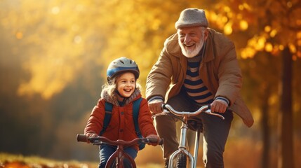 Happy old parent teaching a child how to ride a bicycle.