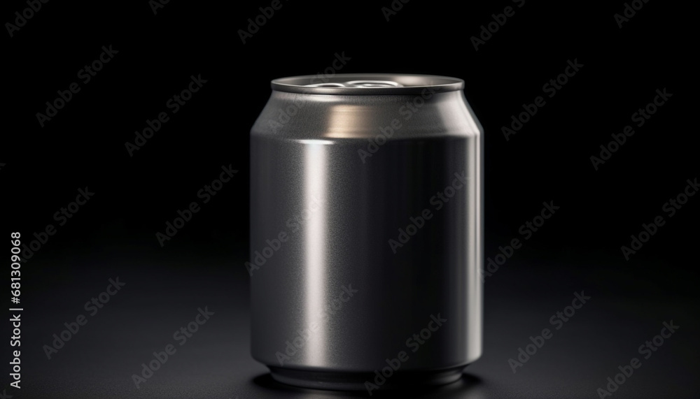 Poster shiny metallic drink can with refreshing cola and wet reflection generated by ai