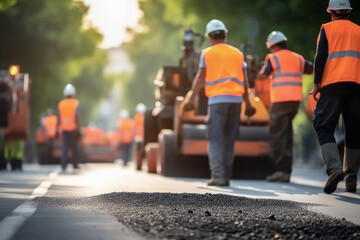 Road construction workers and road construction machinery make new asphalt road pavement. Working concept of construction and construction. - obrazy, fototapety, plakaty