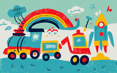 Crayon Caravan Children's Artistic Expedition Through Cityscapes and Rainbow Road