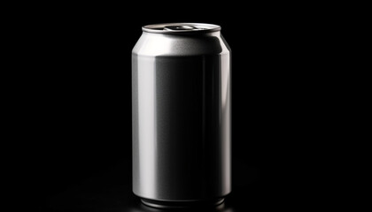 Shiny metallic drink can, cold cola, no people, black background generated by AI