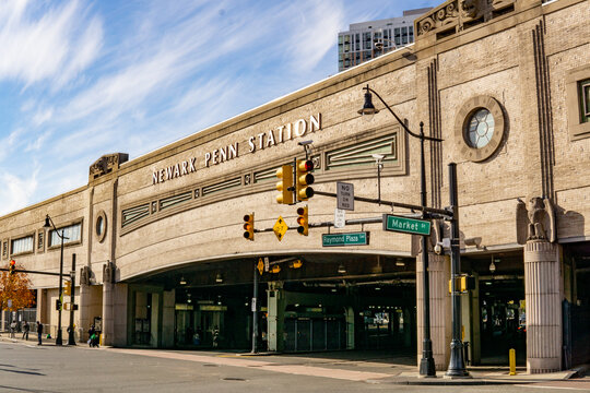 Newark, NJ &ndash; US &ndash; Nov 12, 2023 view of Newark Penn Station, an intermodal passenger station in Newark, New Jersey, serving Amtrak, NJ Transit, and PATH. Plus several bus lines.