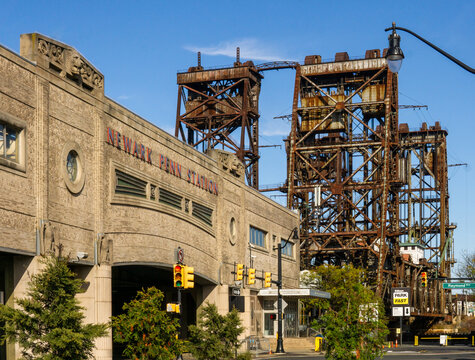 Newark, NJ &ndash; US &ndash; Nov 12, 2023 The Dock Bridge, a pair of vertical lift bridges crossing the Passaic River at Newark, NJ and Harrison, NJ. Used exclusively for rail service.
