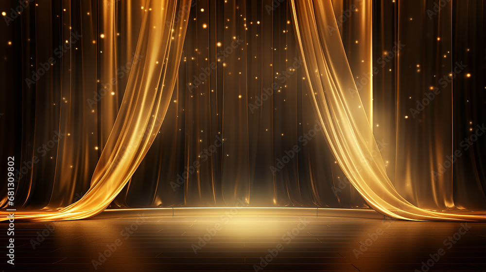 Wall mural golden round podium with light clouds, a stage for a new product with an empty copy space