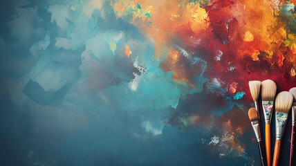 bright multicolored creative background, a group of brushes with paint on the background of a multicolored spectrum canvas, the idea of creativity banner, team - obrazy, fototapety, plakaty