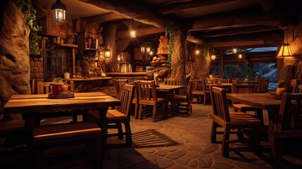 Fototapeta na wymiar A cozy, rustic restaurant interior with wooden tables and warm lighting. --ar 16:9 --v 5.2 Job ID: c4d66597-1a00-4a24-86d7-4f6837863cd7