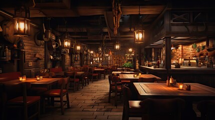 A cozy, rustic restaurant interior with wooden tables and warm lighting. --ar 16:9 --v 5.2 Job ID: afc3d9b5-f53c-4f37-8dce-64e474d657e0