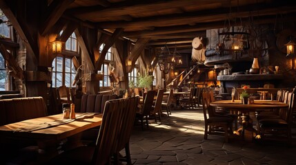 A cozy, rustic restaurant interior with wooden tables and warm lighting. --ar 16:9 --v 5.2 Job ID: af8c161e-2f58-4a70-89bd-aa31e99317da