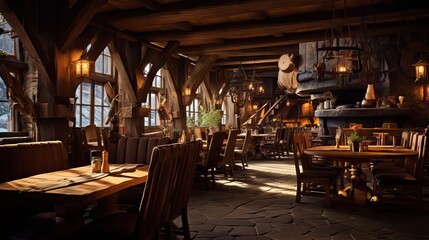 Fototapeta premium A cozy, rustic restaurant interior with wooden tables and warm lighting. --ar 16:9 --v 5.2 Job ID: af8c161e-2f58-4a70-89bd-aa31e99317da