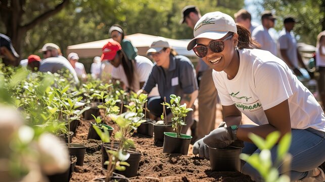 A corporate event focused on carrying out corporate social responsibility activities or volunteering related to environmental care and the recycling of raw materials, Generative AI.