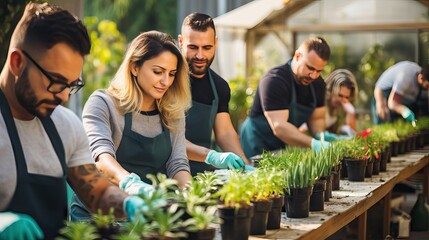 A corporate event focused on carrying out corporate social responsibility activities or volunteering related to environmental care and the recycling of raw materials, Generative AI.