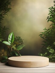 Wooden product display podium with nature leaves , empty podium, copy space, generative ai