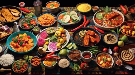 A series of exotic food dishes, full of colors and flavors due to their unique ingredients and spices from around the world, Generative AI.