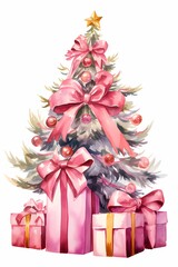 Christmas tree decorated with pink bows and a gift wrapped in pink underneath on a white background