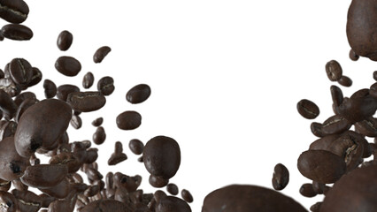 Coffee beans floating around and colliding in the air. Transparent background 