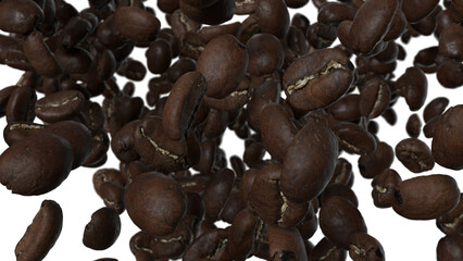 Coffee beans floating around and colliding in the air. Transparent background 