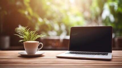 Wooden table composition with a laptop, A steaming cup of coffee, and a softly blurred potted plant in the background, white screen, workspace, cup of coffee and laptop - Powered by Adobe