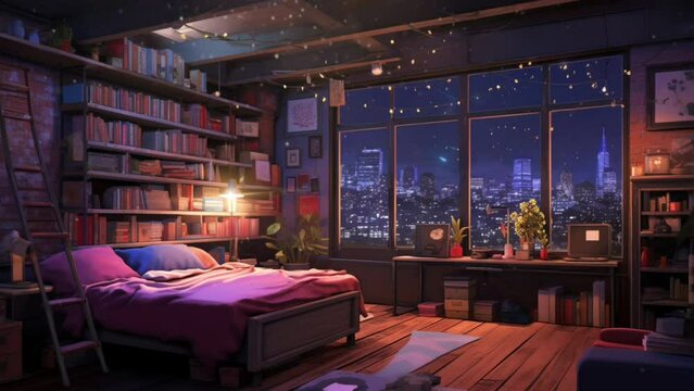 cosy anime-style bedroom with night city view from the window. smooth time-lapse virtual 4k video animation background. Generated with AI