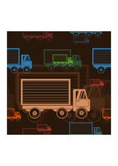 Editable Flat Monochrome Style Side View Shipping Trucks in Various Colors Vector Illustration as Seamless Pattern With Dark Background for Online Shop or Transportation Related Design