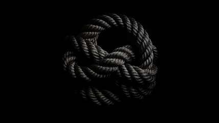 the gordian knot of rough rope is isolated on a black background