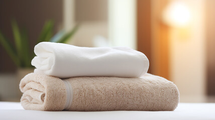 clean towels rolled up on the bed in a bright hotel room