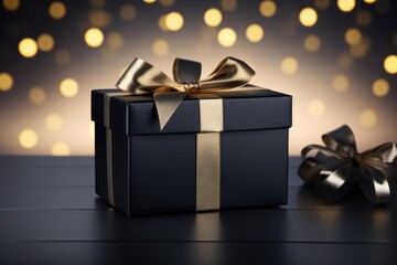 a black gift box wrapped with gold ribbon, bokeh background