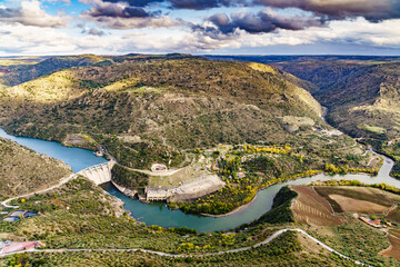 Douro river with Saucelle Dam. Border Spain Portugal - obrazy, fototapety, plakaty